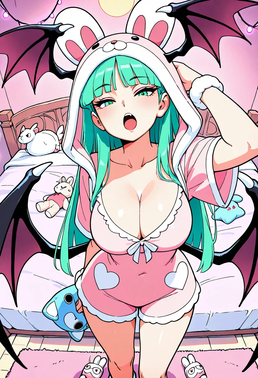 masterpiece, best quality, solo, curvy, beautiful eyes, narrow waist, wide hips, 1girl, solo, smile, looking at viewer, dynamic angle, foreshortening, close up,     zzMorrigan, green eyes, green hair, long hair, blunt bangs, head wings,  bat wings, low wings,  ,<lora:MorriganAenslandCSV_IXL_v1:0.8>,  [Dreamy Pajama Darling], silky pink pajama set, cloud-shaped slippers, oversized bow eye mask, heart pocket details, plushie in arms, pastel scrunchies, sleepy braid, fluffy bunny hooded robe, moon-shaped rug, lavender nightlight, pink room with fairy lights, cozy bed, yawning expression,
