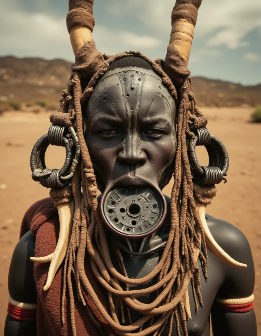 cybernetic robot cinematic still A futuristic murs1, half robot, half human with traditional murs1 decorations, robotic enhancements integrated into their body, intricate metallic details, cybernetic implants. Wearing large tribal earrings (plugs), an ornate lip plate, and adorned with traditional murs1 jewelry. Horns emerging from their augmented robotic head, blending tribal and futuristic styles. Set in the vast, arid Ethiopian desert with warm, sandy tones and a dramatic sky. A perfect fusion of ancient culture and futuristic technology, detailed and highly realistic.
<lora:mursi:1>
<lora:ARob-FLUX-3-CivitAI:1> ARob, cyborg, robot . emotional, harmonious, vignette, highly detailed, high budget, bokeh, cinemascope, moody, epic, gorgeous, film grain, grainy . android, AI, machine, metal, wires, tech, futuristic, highly detailed