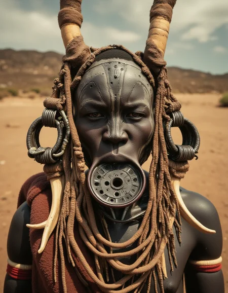 cybernetic robot cinematic still A futuristic murs1, half robot, half human with traditional murs1 decorations, robotic enhancements integrated into their body, intricate metallic details, cybernetic implants. Wearing large tribal earrings (plugs), an ornate lip plate, and adorned with traditional murs1 jewelry. Horns emerging from their augmented robotic head, blending tribal and futuristic styles. Set in the vast, arid Ethiopian desert with warm, sandy tones and a dramatic sky. A perfect fusion of ancient culture and futuristic technology, detailed and highly realistic.
<lora:mursi:1>
<lora:ARob-FLUX-3-CivitAI:1> ARob, cyborg, robot . emotional, harmonious, vignette, highly detailed, high budget, bokeh, cinemascope, moody, epic, gorgeous, film grain, grainy . android, AI, machine, metal, wires, tech, futuristic, highly detailed
