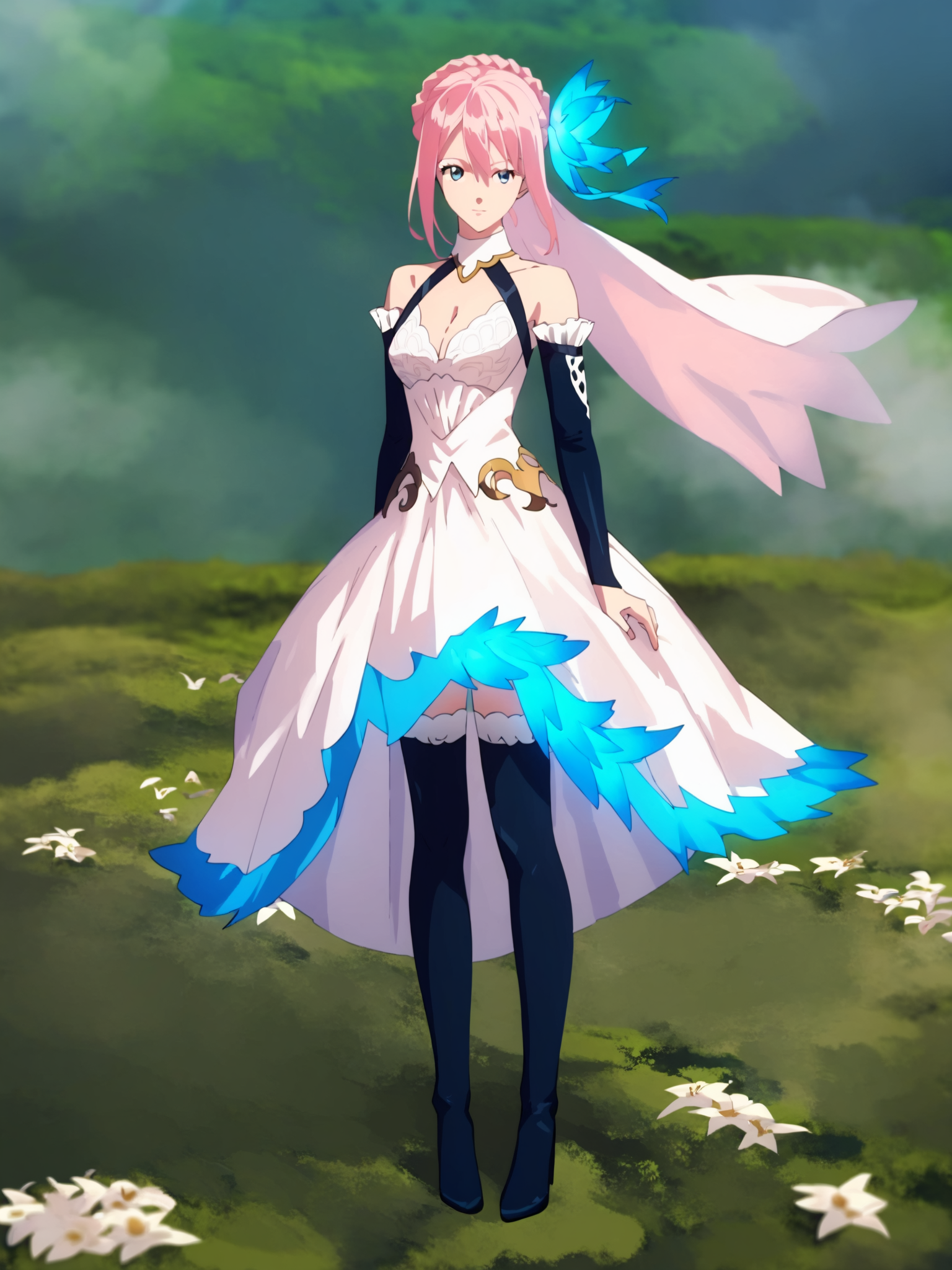 score_9, Score_8_up, Score_7_up, Score_6_up, masterpiece,  best quality, very aesthetic,  <lora:Shionne_V2:1>  15 shionne 01b weddingdress, shionne 01b, pale skin, long hair, (blue eyes), wedding dress 1girl, solo, breasts, 1Girl, hair ornament, thighhighs, dress, bare shoulders, full body, pink hair, braid, detached sleeves, black thighhighss   <lora:detailed_backgrounds_v2:0.6> scenery,
