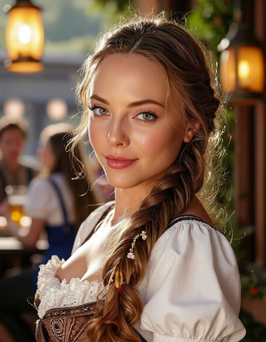 **Prompt:**
A woman  stands proudly in front of a traditional Bavarian backdrop, her long braid cascading down her back like a waterfall. She wears a intricately detailed dirndl attire, complete with delicate lace and embroidery, perfectly capturing the essence of Oktoberfest. Side view.
The camera captures her from a 45-degree angle, emphasizing her slender neck and shoulders as she gazes directly at the viewer. Soft, warm light from a nearby lantern casts a flattering glow on her skin, accentuating her high cheekbones and full lips.
In the background, the real Oktoberfest festivities unfold: revelers in traditional attire dance and sing around tables laden with steins of beer, while others play lively tunes on accordions and brass instruments. The atmosphere is electric, with vibrant colors and sharp lines that create a sense of depth and dimensionality.
As the camera lingers, it becomes clear that this woman is not just any festival-goer â she's the star of the show. Her dirndl attire is immaculately detailed, from the intricate patterns on her apron to the delicate flowers in her hair. Every stitch, every thread, every detail is meticulously rendered, creating a photorealistic masterpiece.
In a stunning double exposure effect, the woman's image is superimposed over a blurred background of revelers and festivities, creating an otherworldly sense of presence. The result is a truly cinematic scene that transports the viewer to the heart of Oktoberfest.
**Technical Specifications:**
* Resolution: 16k UHD
* Aspect Ratio: 1:1
* Frame Rate: 24fps
* Color Space: Rec. 2020
* Lighting: Soft, warm natural light with subtle highlights and shadows
This image is a true masterpiece, showcasing the artist's skill and attention to detail in capturing the essence of Oktoberfest. With its ultra-sharp lines, intricate details, and photorealistic quality, it's sure to be an award-winning work that leaves a lasting impression on all who see it.