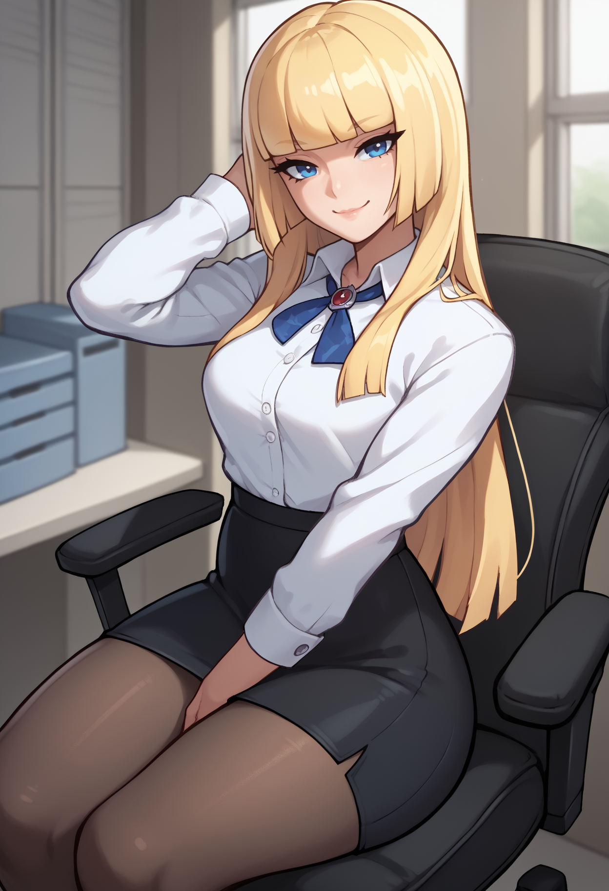 score_9, score_8_up, score_7_up, <break> solo, 1girl, emilieog, light smile, looking at you, sitting, swivel chair, long hair, blonde hair, blunt bangs, hime cut, blue eyes, white shirt, collared shirt, black skirt, pencil skirt, black pantyhose, indoors, office
<segment:yolo-face_yolov8m.pt,0.4,0.5//cid=1>
