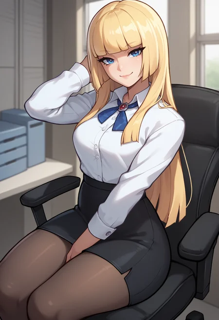 score_9, score_8_up, score_7_up, <break> solo, 1girl, emilieog, light smile, looking at you, sitting, swivel chair, long hair, blonde hair, blunt bangs, hime cut, blue eyes, white shirt, collared shirt, black skirt, pencil skirt, black pantyhose, indoors, office
<segment:yolo-face_yolov8m.pt,0.4,0.5//cid=1>