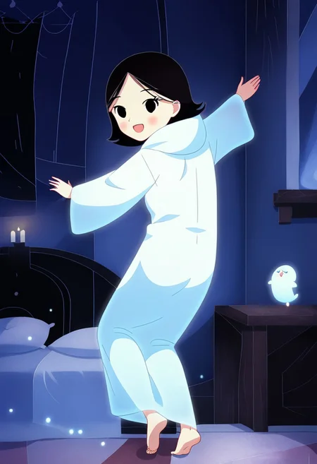 zPDXL3, source_cartoon, Perfect Hands, full body,
1girl, solo, aged down, bedroom, looking at viewer, saoirse, black hair, black eyes, blush, ghost, hood up, robe, barefoot, glowing, dancing on bed, from behind, facing at viewer, feeling cold, eyes open, smile, open mouth, sleeve past wrist, slim body, highlight cloth wrinkle, anime style, kicking, jumping,
<lora:Perfect Hands:1> <lora:Saoirse_-_The_Song_of_the_Sea-000009:1>