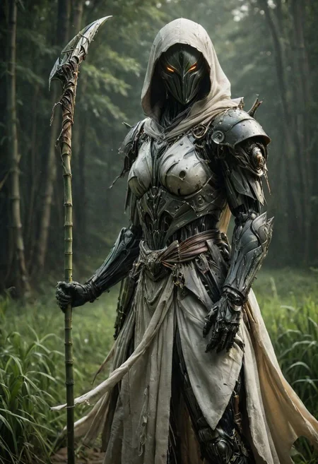 super closeup portrait by franco fontana, Create a vivid scene featuring a busty feudal cyborg shinobi, adorned in white linen hanfu with a large bamboo sedge hat, standing on a dew-covered morning meadow. arms up, wielding massive Bamboo Scythe in bruce lees iconic fighting stance pose, while a subtle glowing aura of energy envelops the warrior.