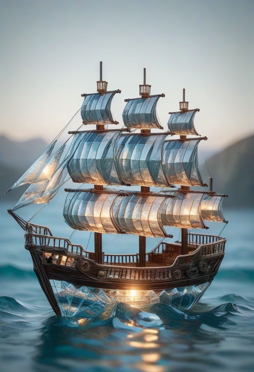 Pirate ship made of origame folded paper, swimming in a glass sea