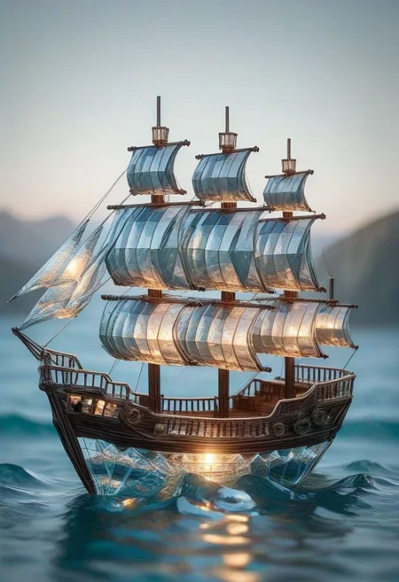 Pirate ship made of origame folded paper, swimming in a glass sea