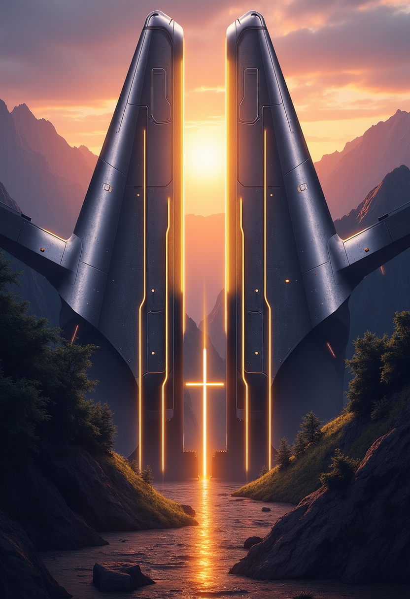 yfg-srs the image is featuring a forbidding mountain pass at sunset, guarded by two colossal gun towers made of a gleaming silver alloy with glowing led lights, and covered in intricate neon yellow electrical circuitry
