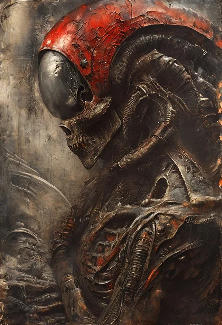 Space warrior portrait oil stains mixed with (((doom sleer))) caste. wearing a Soviet space suit with a red star on the helmet,USSR, H. R. Giger style but depicted as an oil painting, solo portrait, oil painting, masterpiece,best quality,style of H. R. Giger.