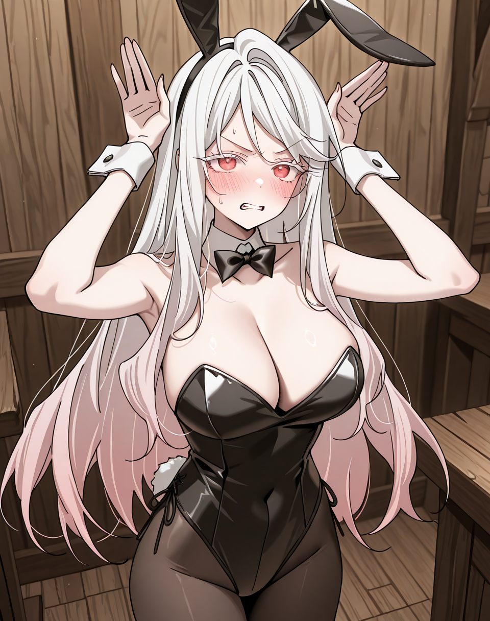 hongbiyeon, red eyes, gradient hair, white hair, long hair, white eyelashes, 1girl,large breasts,cleavage, black pantyhose, black bunny suit, black fake bunny ear, black leotard BREAK indoor, tavern, BREAK cowboy shot, embarassed face, looking at viewer, looking up, rabbit pose, frustrated, clenched teeth, blush BREAK masterpiece, best quality), amazing quality, absurdres, highres, newest, HDR, 8K, solo,<lora:Hong_Biyeon:0.8> <lora:Rabbit_pose:0.8><lora:clenched teeth_illustrious_V1.0:0.6>