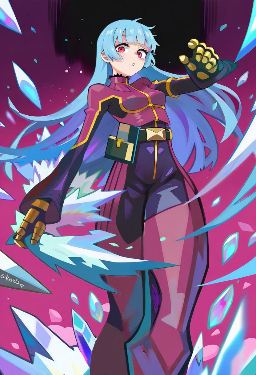 masterpiece,best quality,amazing quality, newest, absurdres, highres, Kiding_Ryuu, KDSTL, 1girl, kula diamond, long hair, blue hair, gloves, looking at viewer, bodysuit, purple eyes, bangs, medium breasts, belt, parted lips, ice, zipper