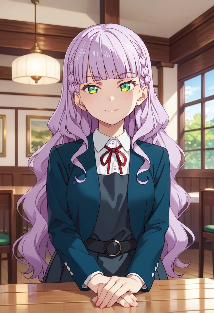 zPDXLxxx, score_9, score_8_up, score_7_up, score_6_up, uncensored, BREAK, source_anime, BREAK masterpiece, best quality, masterpiece, uncensored, detailed background, high-res image, ultra-detailed, lidded eyes. 8K, illustration, ultra-detailed-eyes, perfect face, beautiful face, perfect body, sexy body, hot body, indoors, restaurant, table, food on table, chair, sit, crossed legs, 1girl, solo, wien, light purple hair, long hair, green eyes, wavy hair, blunt bangs, braid, yuigaoka school uniform, winter uniform, long sleeves open blue jacket, sleeveless grey pinafore dress, red neck ribbon, white collared shirt, crossed arms, calm, light smile