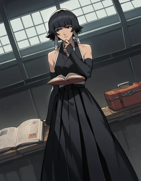 score_9, score_8_up, score_7_up, source_anime, <lora:soifon-anime-ponyxl-lora-nochekaiser:1>, soifon, short hair, bangs, black hair, short hair with long locks, black eyes,, gloves, bare shoulders, japanese clothes, elbow gloves, hakama, black hakama,, airport, waiting area, suitcase, flight delayed, passengers, reading book, , , elbow up, foot forward, hand on chin, solo,, cowboy shot, dutch angle