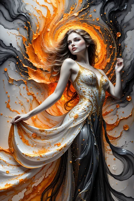 <lora:AISIL_style:1.0> AISIL style digital artwork with intricate and vibrant background.
A celestial woman is elegantly posing, wearing intricate dress made of glossy liquid fabric. Hyperdetailed. White and gray and black with fiery orange accent color scheme.