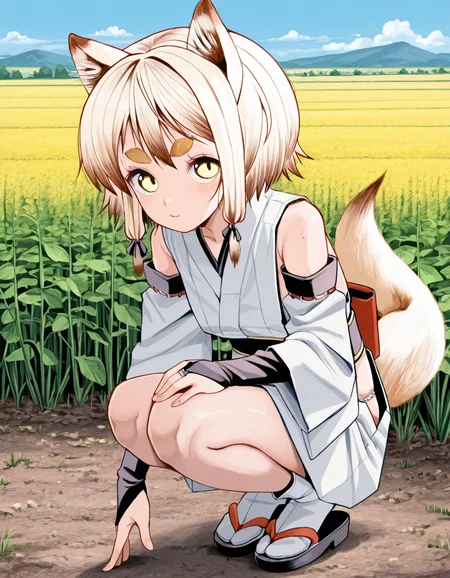 masterpiece, amazing quality, high resolution, suz4n, foxbaba, fox ears, fox eyebrows, fox tail, japanese clothes, detached sleeves, squatting, vegetable field