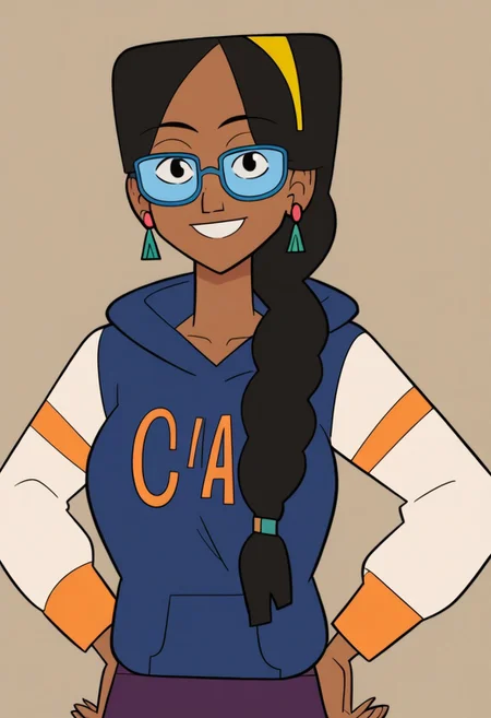 ((room background)),score_9, score_8_up, score_7_up,score_6_up,
1girl, solo, Sacagawea_CH, brown skin, black eyes, black hair, thick long hair, low braid, yellow hairband, blue frame glasses, teal triangle earrings, blue hoodie, white sleeves, purple skirt with stripes, light brown ankle boots, cute, medium height, social smile, perfect eyes, perfect smile, looking at the viewer, detailed eyes, perfect eyes, standing, big breasts (front pose, front view, bust shot) five fingers, perfect hands, hands on hips