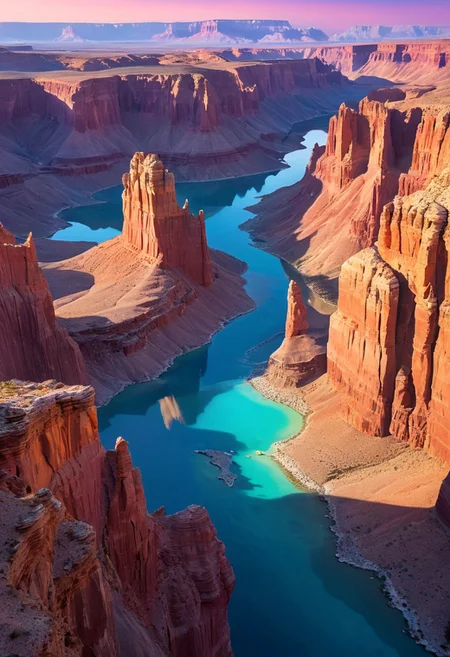 A breathtaking aerial panorama featuring a surreal opal-hued canyon, layered with undulating rock formations and crystalline lakes nestled among ancient stone. Expansive composition, intricate textures, futuristic geometric patterns interwoven with nature's timeless architecture. Dramatic atmospheric twilight with luminous pastel hues, deep shadows and shimmering surfaces. Celestial lighting, cinematic high-altitude framing, bold spatial dynamics, and rich, vibrant colors evoke a dreamlike mastery. Ultra-detailed 8k quality, masterpiece clarity, evocative scale and an ethereal ambiance, visual symphony of natural mystique and futuristic artistry.