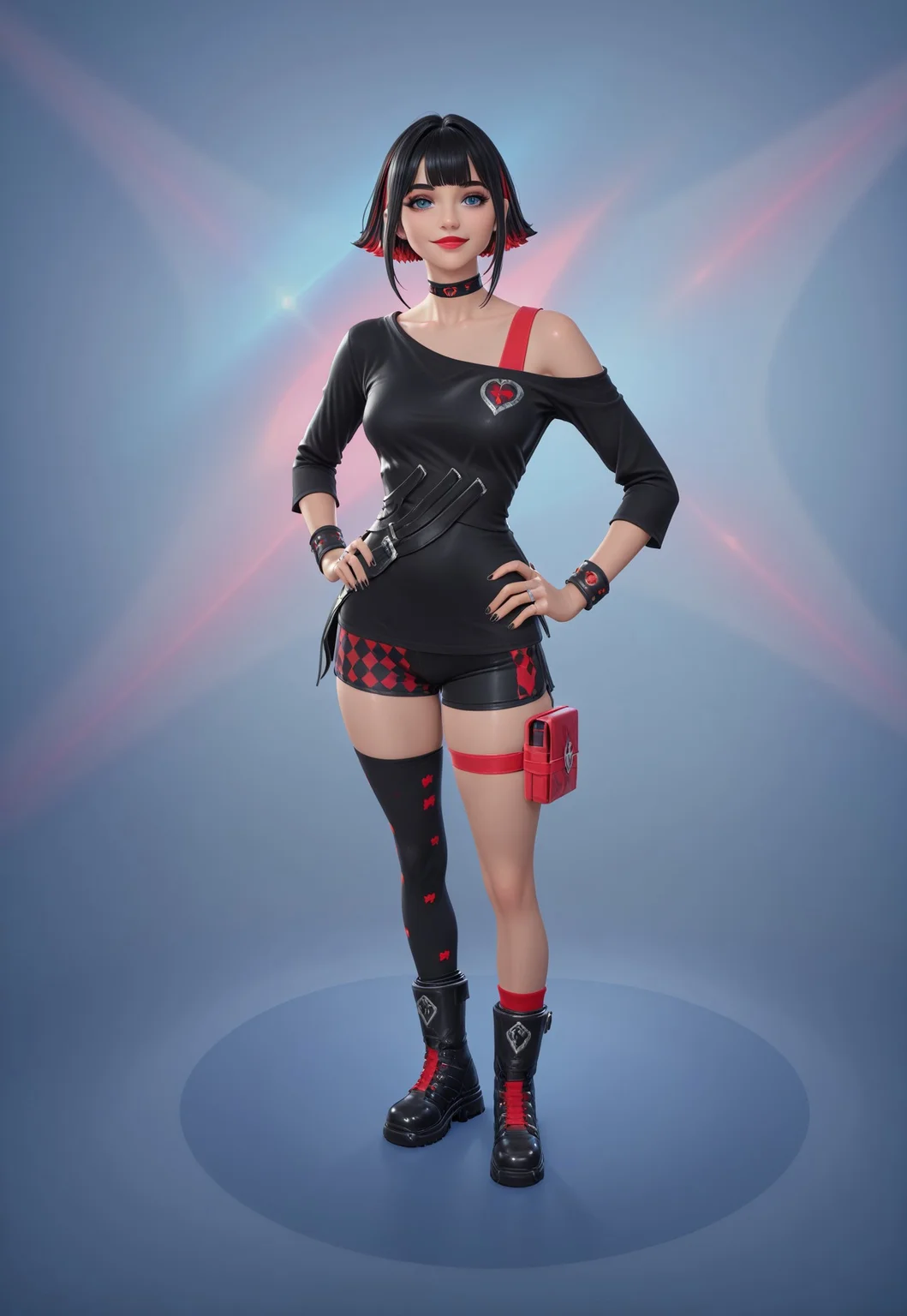 standing, librarry, inside, smile, looking at viewer, hands on hips, from above,
1girl, solo, MorganaMyst, short hair, two-tone hair, black hair, bangs, blue eyes, red lips, choker, off-shoulder black shirt, shorts, thigh strap, single thighhigh, asymmetrical legwear, black nails, bracelet, ring, black boots, shiny skin, makeup,
absurdres, newest, masterpiece, best quality, very aesthetic,