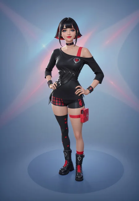 standing, librarry, inside, smile, looking at viewer, hands on hips, from above,
1girl, solo, MorganaMyst, short hair, two-tone hair, black hair, bangs, blue eyes, red lips, choker, off-shoulder black shirt, shorts, thigh strap, single thighhigh, asymmetrical legwear, black nails, bracelet, ring, black boots, shiny skin, makeup,
absurdres, newest, masterpiece, best quality, very aesthetic,