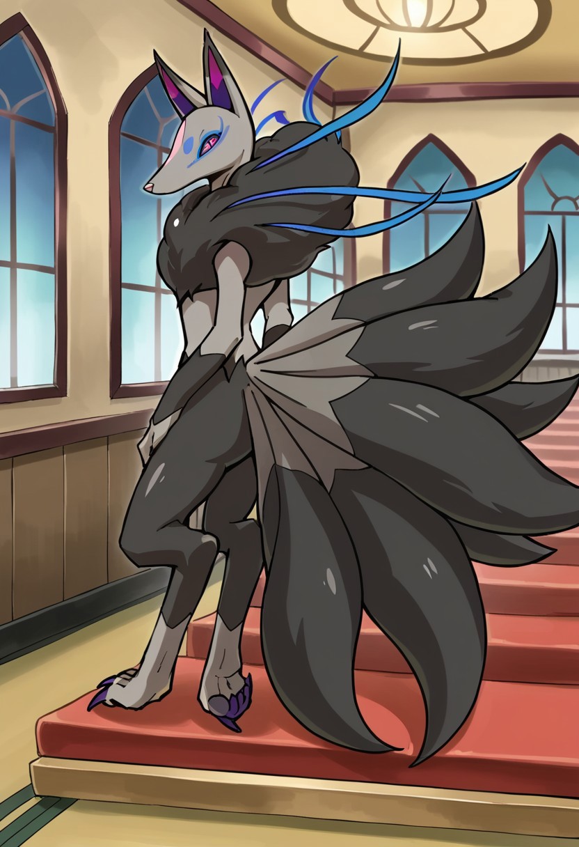 BREAK score_9_up score_8_up score_7_up, source_furry, (frontal), Darkyuubi_Yo-kai, violet eyes, silver fur, dark gray fur, blue strands, dark purple claws, violet eyes, nine tails, multiple tails, full body, sanctuary, interior,