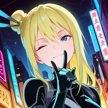 <lora:IL_Nancy_Lee:1>,nin_sly_n,nancy lee,blue eyes,single hair bun,japanese hair stick,
highleg rider_suit,Thigh high boots,utility belt,
fox_shadow_puppet,
1girl,solo,with a golden hue,backlighting,night,moonlight,city lights,neon lights,from below,dutch angle,close-up of face,looking at viewer,one eye closed,hand up,head tilt,upper body,close-up of face,looking at viewer,profile,smile,, masterpiece,best quality,amazing quality,very aesthetic,absurdres,