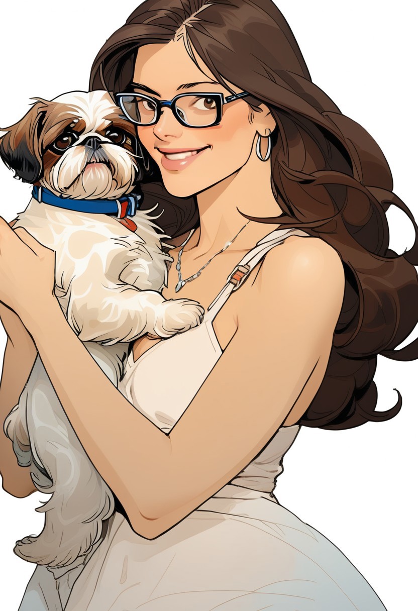 NijiEX style illustration. Close up of a girl holding a shih tzu in her arms, glasses. Long flowing brown hair, brown eyes.Style by Masamune Shirow.