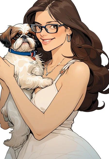 NijiEX style illustration. Close up of a girl holding a shih tzu in her arms, glasses. Long flowing brown hair, brown eyes.Style by Masamune Shirow.