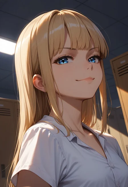 (score_9, score_8_up, score_7_up), 1girl, solo,blonde hair, blue eyes, long hair, hime cut, long bangs, small breasts, buttoned shirt, white buttons, white shirt, short sleeves, collarbone, touching lip, (pink skirt:0.8),
(face focus, close-up:1.3), standing, locker room, night time, dim lighting, dynamic lighting,
(leaning back, arched back, dutch angle:1.2),
(relaxed, smug:1.2),