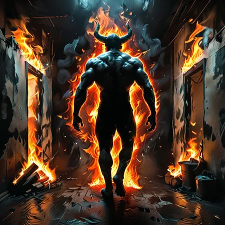 <lora:flame silhouette:1>, <lora:flame:1>, flame,
fullbody, full body, back view, <lora:Super perspective and fight stance:0.8>, ((super low perspective)), low perspective, ((fisheye)), dark atmosphere, dark shadow, deep shadow, shadow, Super perspective,fisheye, wide shot, foreshorten, lighting stance, (fire around), ((fiery footprints)),
Man with demon horns in black shorts walking away from the long dark office corridor, Adult, Mesomorph Muscular body, short Muscular neck, Rectangle faces, broad Muscular shoulders, Muscular fitness arms, black short combed back hair, Angular jawline, Designer Stubble black whiskers, triangular black hair beard, Muscular fitness ass, Athletic thighs, Muscular fitness legs, big muscles, dark black skin,
((burning walls)), ((fire on the walls)),
<lora:Camera Perspectives (507):1>, from below, foreshortening, perspective,
graphic style of novel comics, perfect hands, 2d,
8k, hyperrealism, masterpiece, high resolution, best quality, ultra-detailed, super realistic, Hyperrealistic art, high-quality, ultra high res, highest detailed, lot of details, Extremely high-resolution details, incredibly lifelike, colourful, soft cinematic light,