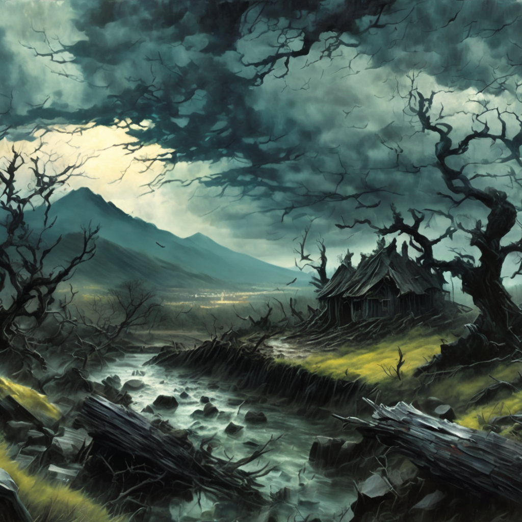 artmix05 am05 closeup dark landscape, destroyed village, forest and mountains, old crooked tree in the foreground, stormy sky, very detailed  <lora:artmix05:1.4>