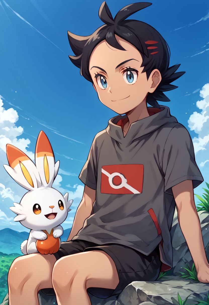 score_9, score_8_up, source_anime, highly detailed, 1boy, solo, skinny, human child,
go2, pokemon (creature), bunny pokemon, scorbunny, 1boy, smile, male focus, sky, black hair, grey shirt, day, eyelashes, shirt,
outdoor, sit, rocks,