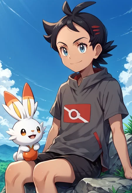score_9, score_8_up, source_anime, highly detailed, 1boy, solo, skinny, human child,
go2, pokemon (creature), bunny pokemon, scorbunny, 1boy, smile, male focus, sky, black hair, grey shirt, day, eyelashes, shirt,
outdoor, sit, rocks,