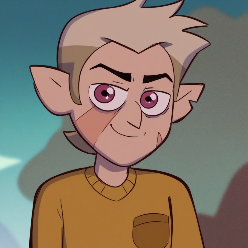 score_9, score_8_up, score_7_up, score_6_up, (cowboy shot, perfect hands),looking at viewer, 1boy, male, <lora:Hunter_The_Owl_House:0.7>, Hunter, fair complexion, slightly hooked nose, dark magenta eyes, thick black eyebrows, pointy ears, tooth gap, eye bags, long ash-blond hair, notch on left ear, scar on right cheek, yellow sweater, left breast pocket, blue jeans, red and white sneakers, solo, upper body, smirk, outside, front view, hands behind back, view from below,