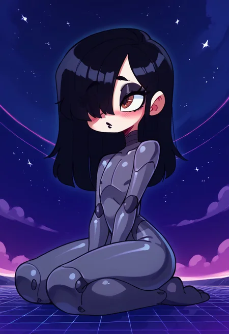 zPDXL, score_9, score_8_up, score_7_up, source_anime, solo,
 <lora:diives_v2> diives, <lora:Nullantwins> score_9, score_8_up, score_7_up, high quality, vibrant colors, (beautiful face, detailed face, 1boy, cute eyelashes, beautiful detailed eyes, brown eyes, wearing makeup, crossdressing, long black hair, goth, (long straight hair), hair covering one eye, black lipstick, blushing, black hair , flat chest),  ((space suit), sitting, on the ground, looking in the horizon, (side view), purple sky, (synthwave, neons, synth) )