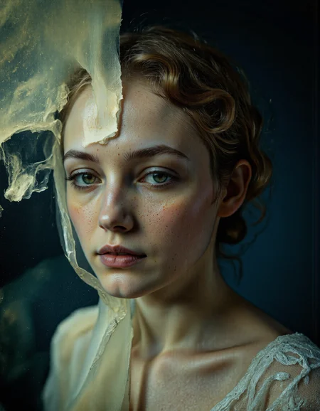 UHD, 8K, ultra detailed, a cinematic photograph of Rembrandt style glaring, This is a digitally manipulated photograph featuring a close-up of a young woman's face. The image is a blend of multiple exposures, resulting in a surreal and ethereal effect. The woman has fair skin and wavy, light brown hair that is partially obscured by the overlapping layers of images. Her expression is serious, with her lips slightly parted and her eyes looking directly into the camera with a contemplative gaze. She wears a white, sheer fabric draped around her neck, adding a delicate, almost ghostly quality to her attire., 
The background is a deep, dark blue that transitions into a lighter, greenish hue towards the top of the image, creating a dramatic contrast. The texture of the background is grainy and textured, giving it a vintage or aged appearance. There is a sense of depth and movement in the image, as if the woman is emerging from a fog or mist, with her face partially obscured by the layers. The overall style is reminiscent of a dreamy, surrealistic painting, blending elements of art and photography. The image evokes a sense of mystery and introspection, with the young woman's face serving as the focal point amidst the abstract, layered background., <lora:nastassia:1> . Baroque, chiaroscuro, realistic, emotional, "flat lighting, beautiful lighting, great composition