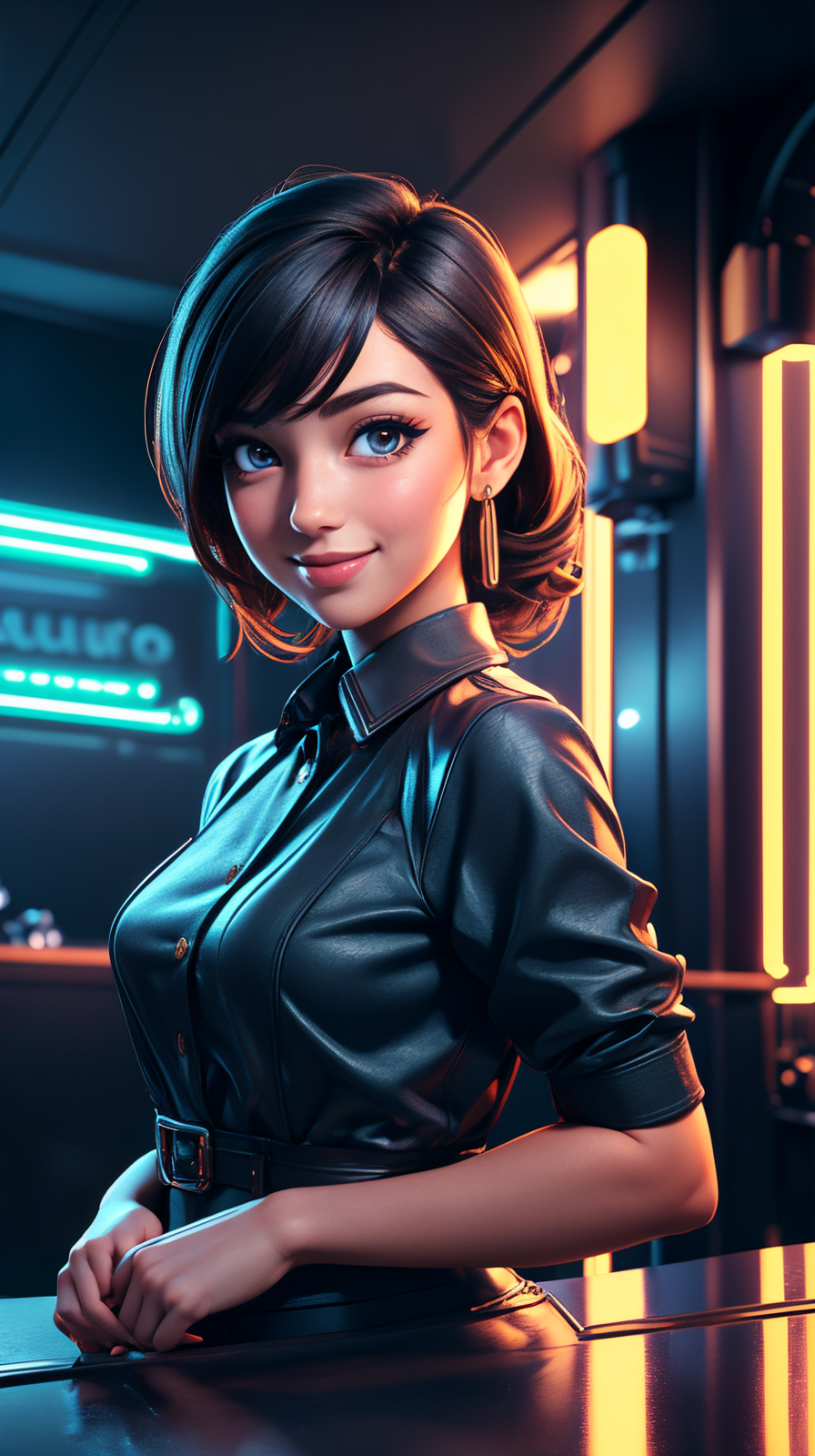 masterpiece, high detailed, high quality, portrait of 1girl in club dress, upper body, detailed face, smiling,  in front of club scene, neon lights,  <lora:ToonClub:1>