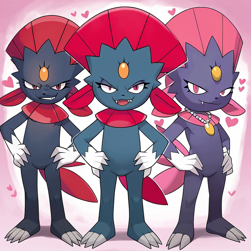 weavile, (((smug))), looking at viewer, (((wearing pink heart necklace))), (((girly))), (((eyelashes))), (((female))), smirking, smiling, happy, open mouth, open eyes, legs apart, full body, (((front view))), (((hands on hips))), (((flirty))), score_9, score_8, score_7, standing, posing, leering, tough, full body, solo
