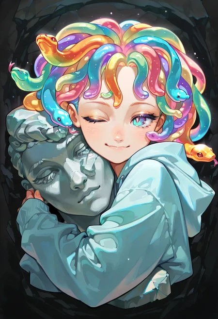 1girl, solo, gummy worm hair, gradient hair, sugar, multicolored hair, ;),hoodie,sleeves past wrists, snake,portrait, hugging, stone,statue,