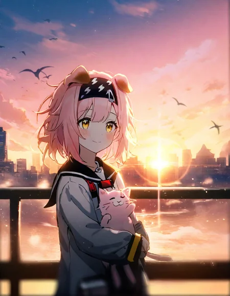 1girl,
goldenglow \(arknights\),
cat ears, solo, blush, backlighting, blurry, crescent moon, dark, depth of field, film grain, hill, horizon, moon, outdoors, railing, sky, sunrise, water, wind, moody eerie, looking up, cloud, bokeh, pink sky, smile, lens flare, looking at animal, city, braid, cat, cityscape, yellow eyes, black hairband, hairband, cloudy sky, closed mouth, diffraction spikes, animal ears, pink theme, pink hair,
masterpiece, best quality, safe
<lora:yy_xl_v1-000030:1>