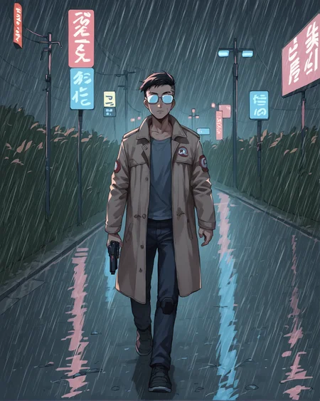 score_9, score_8_up, score_7_up, source_cartoon BREAK 1boy, solo, crew cut, sunglasses opaque glasses, street, night, cyberpunk, from front, walking, gun, trenchcoat, inquisitor, <lora:Opaque_glasses_r1:1>, neon lights, rain, dirt, smoke, rating_questionable
