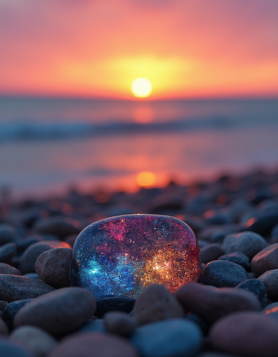 colored square stones beach, cancer on the beach, nature, sea, sunset, art photo