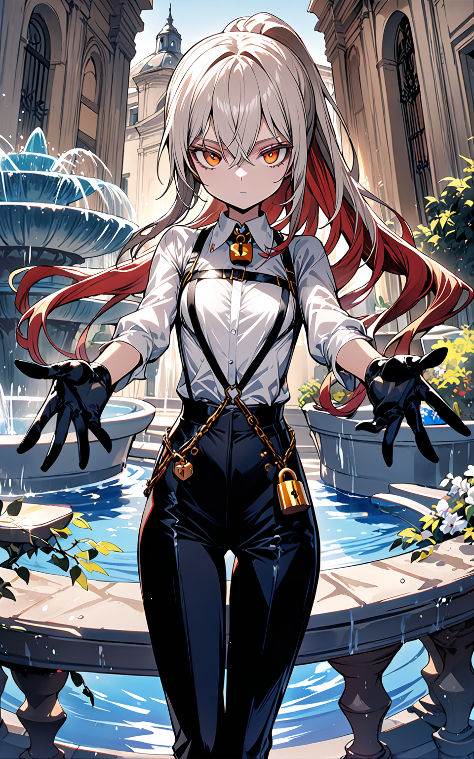 masterpiece, best quality, 1girl, solo, vita_\(bambina\), ponytail, small breasts, white shirt, black pants, black gloves, lock, expressionless, cowboy shot, outstretched left arms, looking at viewer, fountain, <lora:vita_ver1:0.7>