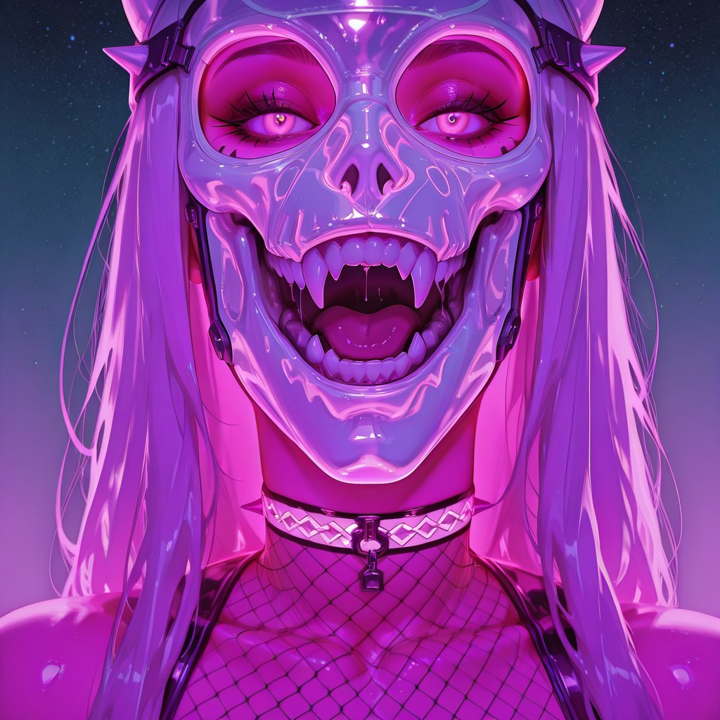 embedding:urn:air:sd1:embedding:civitai:222256@250708, 1girl, up close, face shot, model bombshell, beautiful, sensual, luxurious elegant hot-multi-colored long hair,arm0rpunkv4,fangs,open mouth mask, tight revealing iridescent white see-through metallic fishnet-leotard, glowing iridescent fishnet-gloves and fishnet-choker, neon, futuristic, background and a starry sky, vivid colors, vibrant, hair,  surreal images, unreal engine 5, higher resolution textures, 4k graphic resolution,photorealistic,HD32k, colorful,beautiful scenery,, reflection,vivid colors,atb,gd,gh0stly,skeleton, horror (theme),gothic, spikes, fishnet pantyhose, latex,glass mask, see-through,RAR,artist:moriimee,gobo lighting, shadows,g0thic, neon,RAR