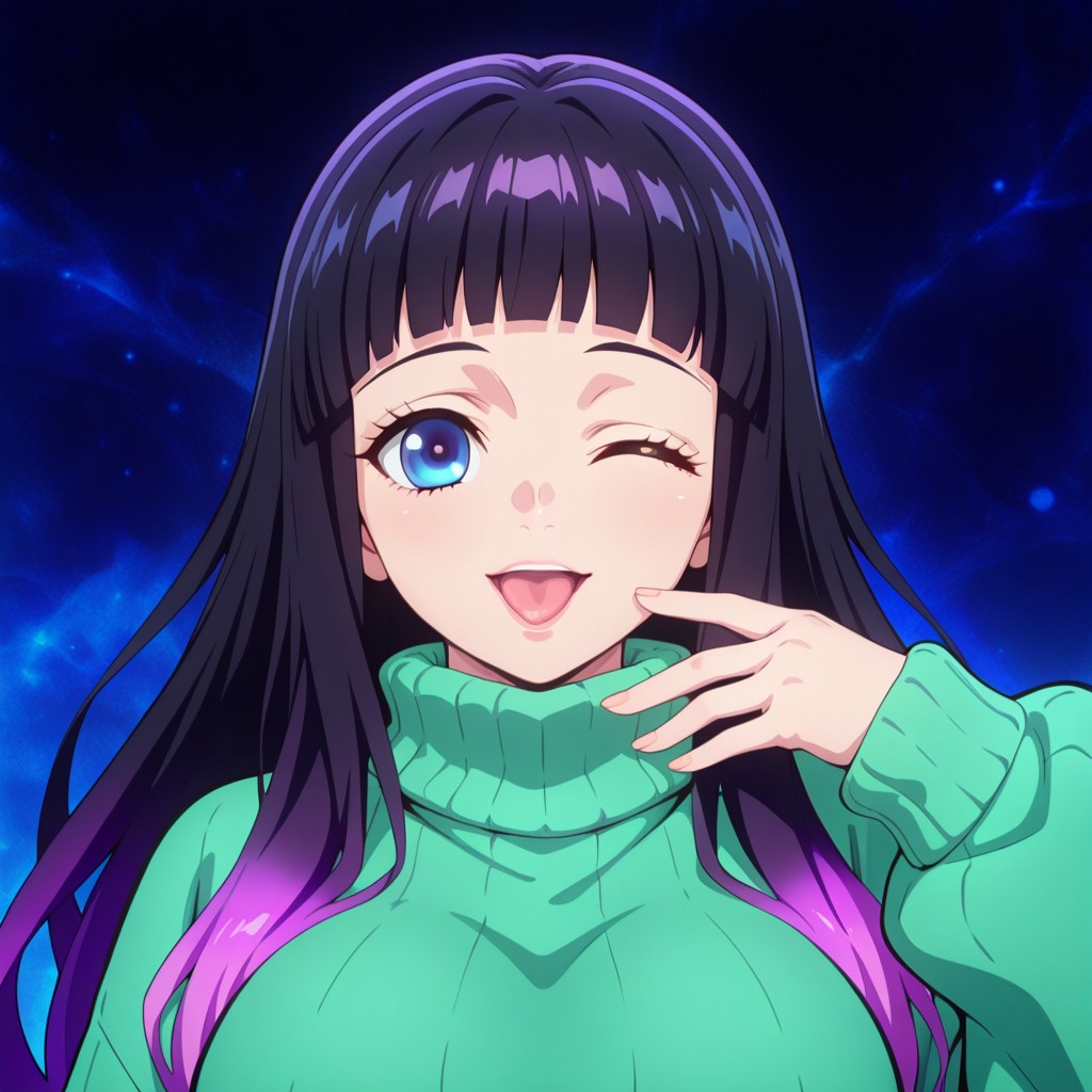KimetsuStyle, (1girl, blunt bangs, (black hair), blue eyes, lips, long hair, turtleneck sweater, gradient hair, purple hair, green sweater, sweater dress, baggy clothes, large breasts), solo, looking at viewer, (portrait), straight-on, blue background, abstract background, dark background, :d, :p, one eye closed, open mouth, portrait, smile, tongue, tongue out, hand up,