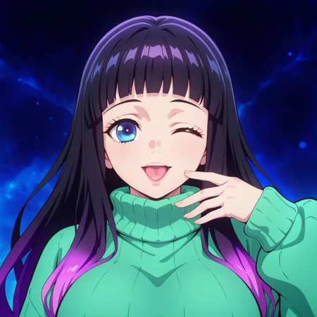 KimetsuStyle, (1girl, blunt bangs, (black hair), blue eyes, lips, long hair, turtleneck sweater, gradient hair, purple hair, green sweater, sweater dress, baggy clothes, large breasts), solo, looking at viewer, (portrait), straight-on, blue background, abstract background, dark background, :d, :p, one eye closed, open mouth, portrait, smile, tongue, tongue out, hand up,