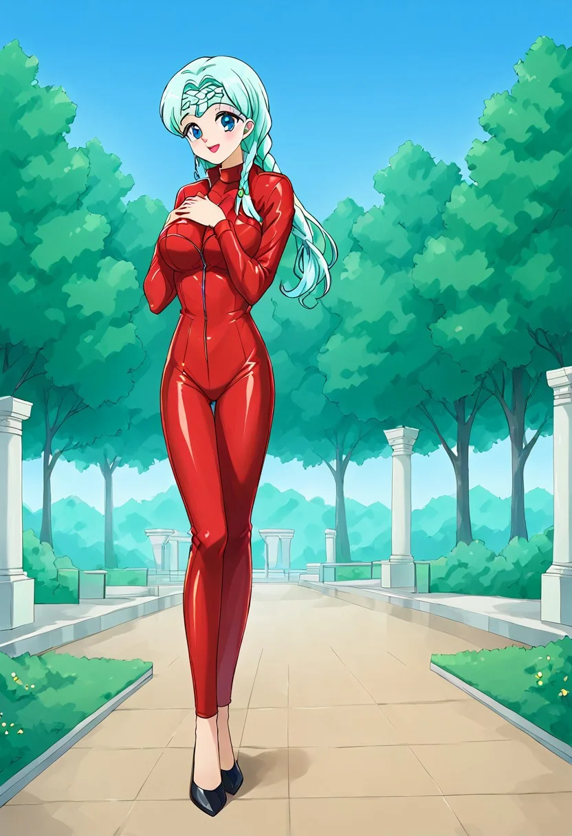 View from below, excellent quality, very detailed picture, alone, Berthier, 1 girl, pale skin, looking at viewer, feminine, beautiful, cute body, big breasts, shapely legs, makeup, blue eyes, detailed pupils, blue eyelids, red lips, rosy cheeks, very light makeup, aquamarine hair, braid, braided bangs on the right AND left, long hair, (outfit 04, jumpsuit, latex jumpsuit, red jumpsuit, turtleneck, long sleeves, black shoes), standing, hand on own chest, outdoors, park