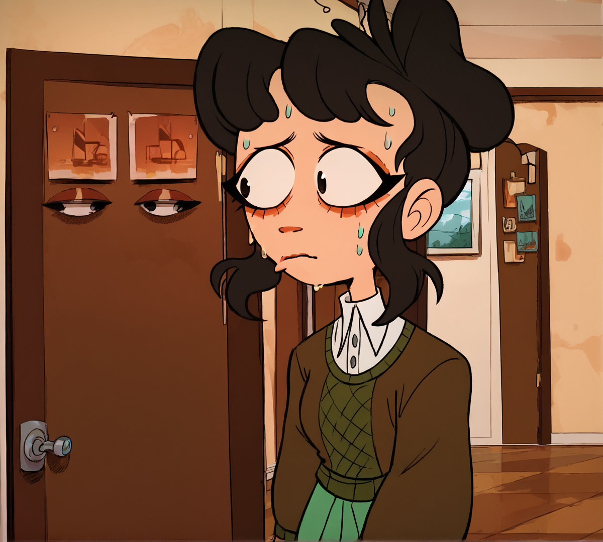 Miss Bivvins, black hair, zPDXL, best quality, amazing quality, score 9, indoors, twirling hair, nervous, sweat, door, looking away, <lora:Miss_Bivvins:1>