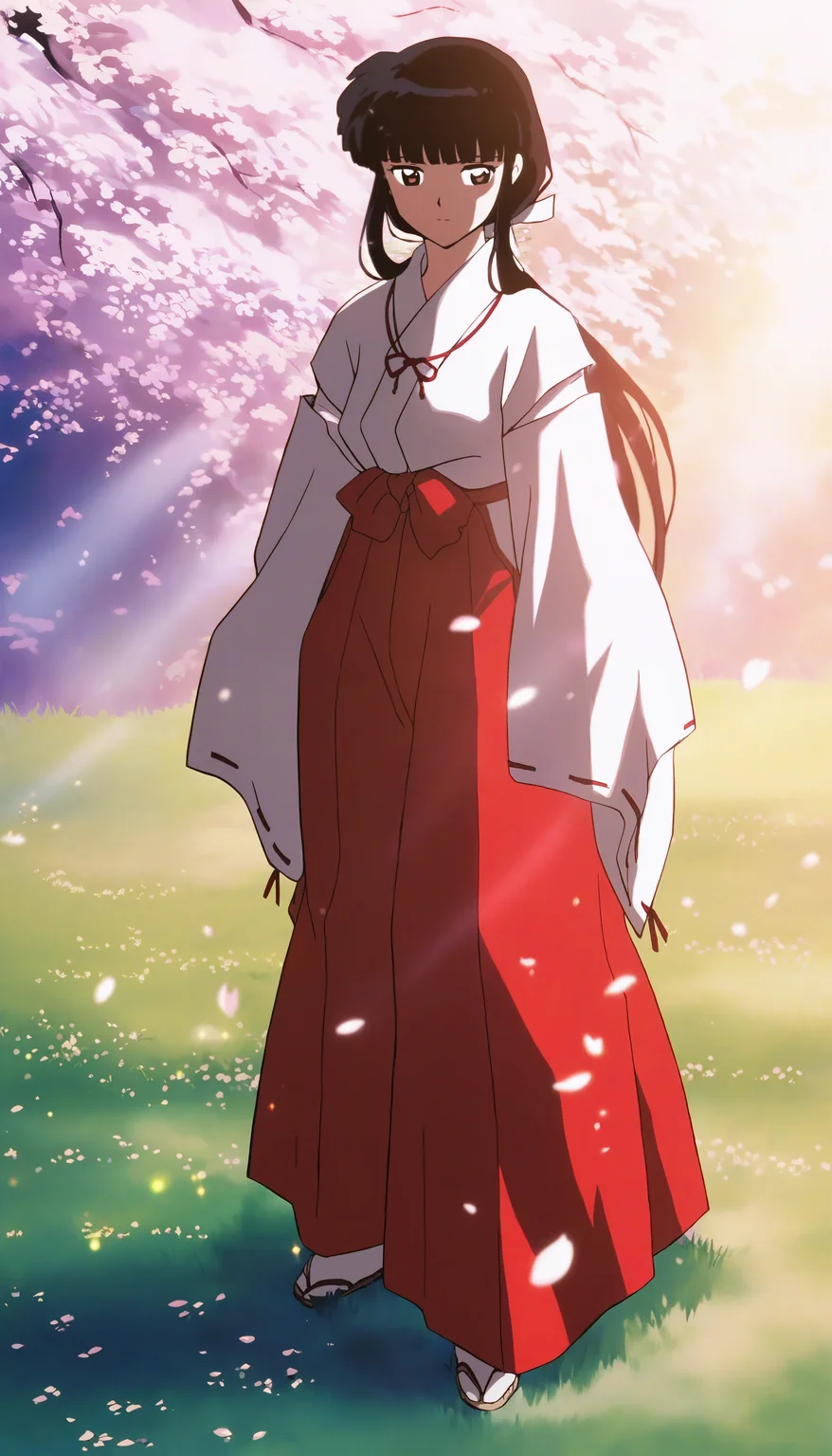 masterpiece,best quality,amazing quality,
<lora:kikyoNAI:1>,k1ky0,
1girl,solo,black hair,low ponytail,bangs,white scrunchie,brown eyes,miko outfit,red ribbon necklace,red hakama,white tabi,sandals,standing,outdoors,cherry blossoms,grass,