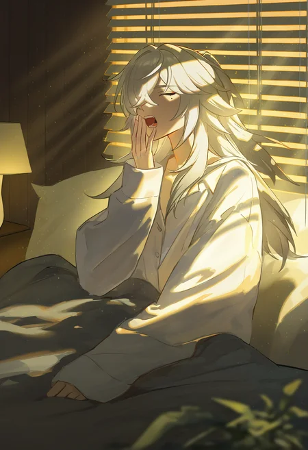 r4styl444, masterpiece, best quality, newest, absurdres, highres, 1boy, jing yuan, honkai: star rail, alternate costume, pajamas, white shirt, long sleeves, sleeves past wrists, yawning, window, light rays, sunlight, sunrise, bedroom, (dim lighting:1.2), cinematic, bloom, blurry, glowing, close-up, sitting, light particles, upper body potted plant, mole under eye, window blinds, pillow, blanket, wooden wall, 
<lora:artist_rafaelaaa_vpred:1>