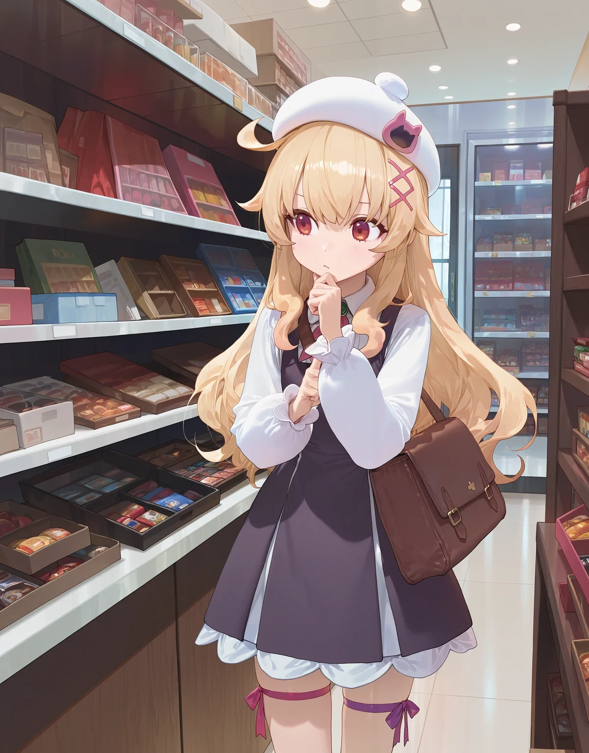 1girl, nobeta \(beret\),
pinafore dress, x hair ornament, thigh ribbon, white headwear,
indoors, loaded interior, looking around, thinking,
shop,
modare, ask \(askzy\),
masterpiece, very awa
<lora:char_nobeta-ill-rls:1>